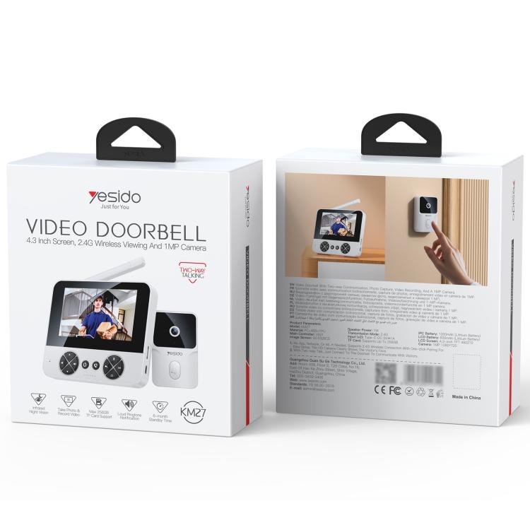 Yesido KM27 4.3 inch TFT Screen 2.4G Wireless Video Intercom Doorbell(White)